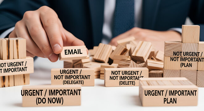 Hand sorting wooden blocks with email task into urgent and important categories for time management and business productivity
