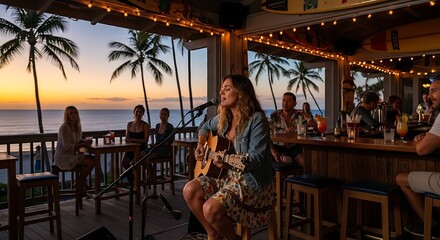 Female musician performs acoustic set at tropical beachfront bar during twilight hours