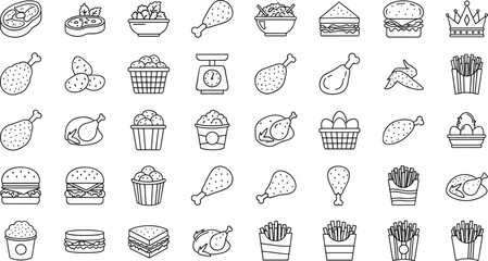 Fast food icon set with fried chicken burgers sandwiches french fries and poultry for restaurant menu vector illustration © pappa
