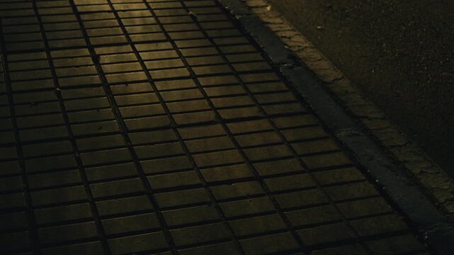 Moody close-up of rain-soaked sidewalk with windblown tree shadows moving across the tiles, interrupted by unseen cars headlights sweeping through frame.