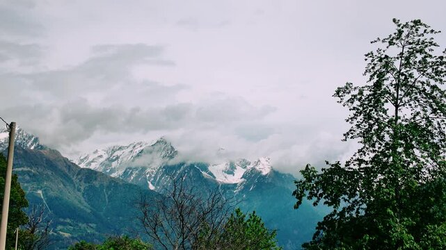 Wide shot of majestic snow covered mountain range under cloudy sky with lush green trees in Edolo