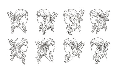 Fototapeta premium Halftone Portrait Fairy Girl Long Hair Profile Outline Set 8 Sketch Line Art Side View-Ethereal Flowing Minimalist Vector Set