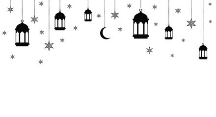 Minimalist Islamic banner with black hanging lanterns, stars, and crescent moon on a white background. Perfect for Ramadan or Eid greeting designs. © bibin