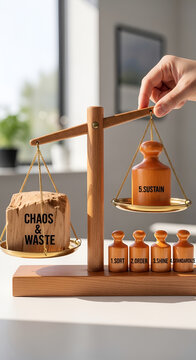 Hand balancing a scale weighing 'Chaos & Waste' against 'Success' and key attributes like effort focus change and innovation