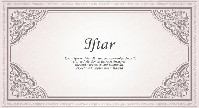 Elegant iftar invitation card with ornate designs and text on white background
