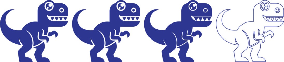 Set of cartoon dinosaurs with sharp teeth and one outline dinosaur isolated on transparent background