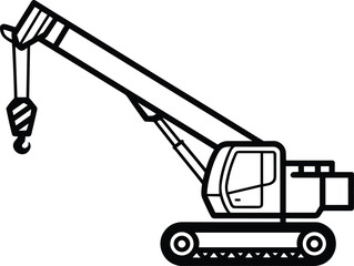 Black and white line of a crawler crane with extended boom and hook construction © Ashik World