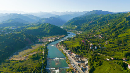 Ardeshen, Turkey. Panorama of green mountains. Firtina River Valley. River rapids. Sunny morning, Aerial View © Video Render