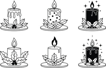 Set of Christmas candle vector icons featuring holiday festive decorations with holly leaves, berries, sparkling stars, melting wax, and dotted patterns for winter seasonal designs.