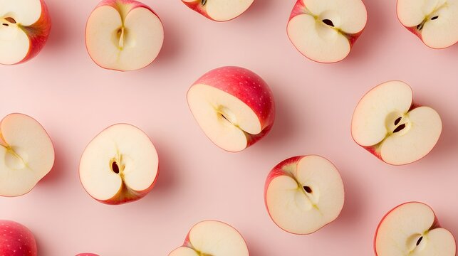 A playful arrangement of red s and halves are scattered across a light pink surface creating a vibrant and fresh fruit pattern background image.