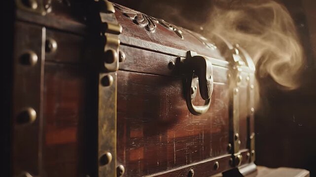 A close-up view of a wooden chest with metal hardware, possibly treasure chest