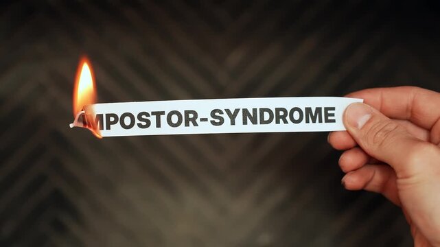 Close-up hand holds a paper label reading &ldquo;IMPOSTOR-SYNDROME&rdquo; as the edge burns, symbolizing self-doubt, anxiety, confidence struggles, and mental health at work.