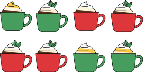 Set of Christmas Hot Chocolate Mugs Vector Illustration Featuring Red and Green Cups with Whipped Cream and Mint Leaves for Holiday Season Beverage Designs © MstShefaly