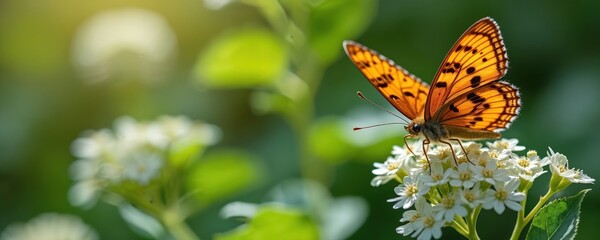 Obraz premium Orange butterfly rests on white flowers. Insect with patterned wings gathers nectar. Close up on summer flora in garden. Natural life detail.