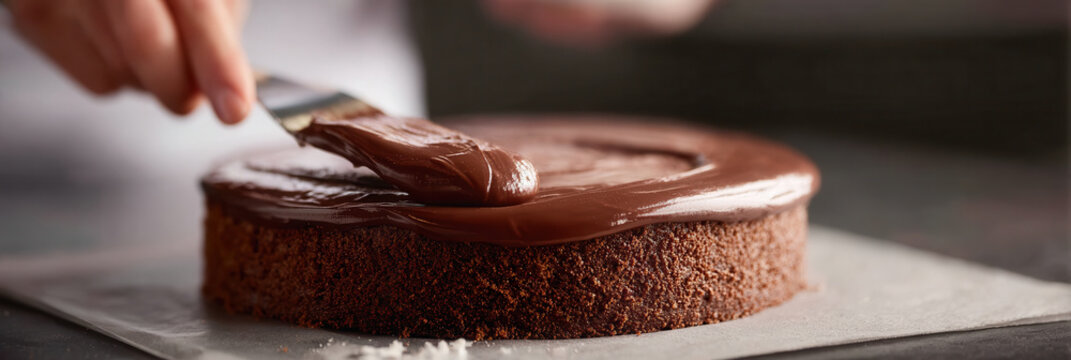 Chef hand smoothing delicious chocolate frosting on cake using metal spatula with careful movement in professional bakery kitchen preparing sweet dessert for special celebration party