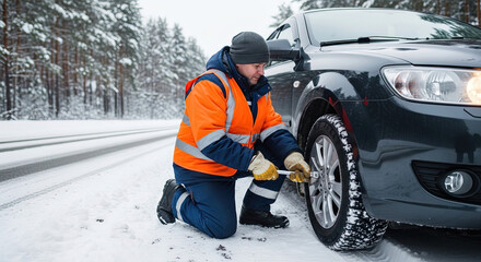 Man repairing tire on roadside in winter snow-covered landscape  
