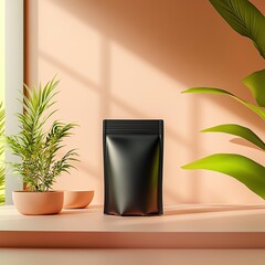 Stylish black pouch on a serene background.