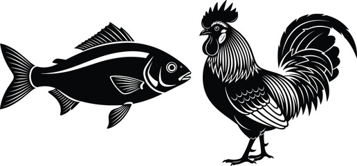 Black vector silhouette of a realistic fish and a rooster facing each other with detailed scales and feathers for farm sea and animal branding © Rehena