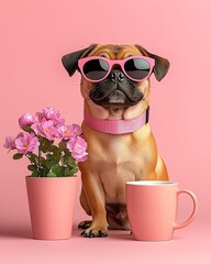 Stylish dog with sunglasses and flowers.