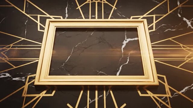 Elegant golden frame on a black marble Art Deco background.
