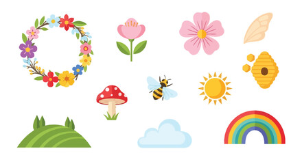 A whimsical collection of spring-themed illustrations including a floral wreath, a bee, a mushroom, a rainbow, and a sunny sky.