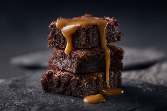 Decadent stack of rich chocolate brownie pieces dark slate stone with sweet caramel sauce dripping down portraying tempting dessert treat for indulgent snack or sugary cravings black background
