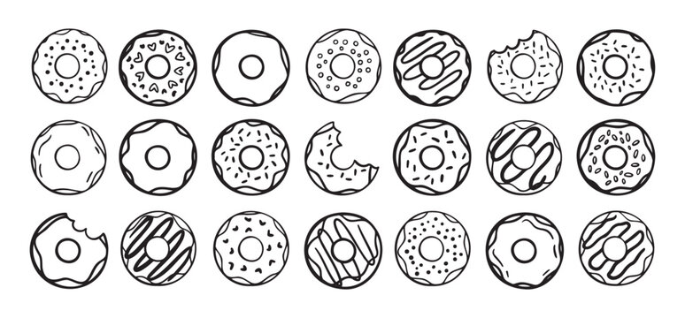 Doodle donuts set. hand drawn outline donut icons. Collection of cute doughnuts. Donut Doodles Sketch of cute donuts.