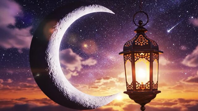 Crescent moon and lantern in the night sky with stars and clouds