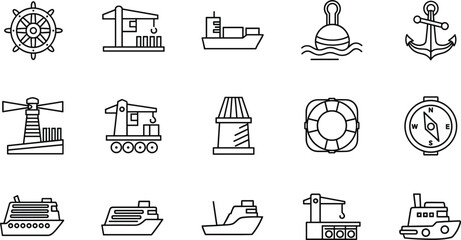 Shipping and maritime transport line icon set with cargo ship anchor port and navigation symbols vector © pappa