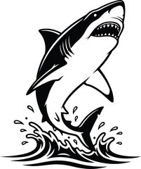 Obraz premium Jumping Shark Silhouette Vector Illustration, Fierce Ocean Predator Black and White Design