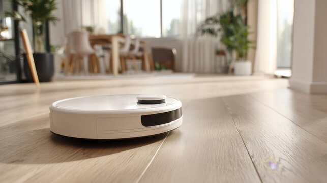 robot vacuum gliding across wooden floor in minimalist living space flooded with morning sunlight, lowprofile white cleaner navigating near dining area, hardwood planks reflecting soft glow, smart