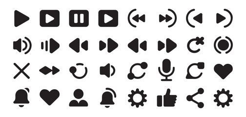 Comprehensive collection of black solid vector icons for music players and user interface elements on white background