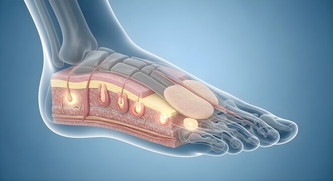 Professional medical illustration of foot skin layers showing corns and calluses in semi-transparent 3D