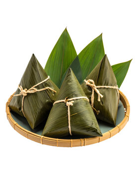 Zongzi or Bacang is a sticky rice dumpling wrapped in bamboo leaves Isolated on transparent or white background