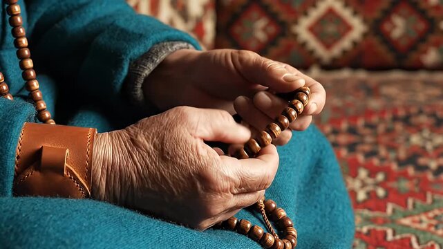Elderly Hands Gently Hold and Recite Using Wooden Prayer Beads in a Serene, Spiritual Setting