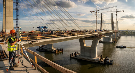 Obraz premium Construction of a modern cable-stayed bridge over a wide river, with workers using surveying equipment in the foreground