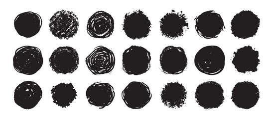 Round grunge scratch and textured ink brush strokes set. isolated vector black Collection. Dirty expressive hand drawn inky stains and blobs