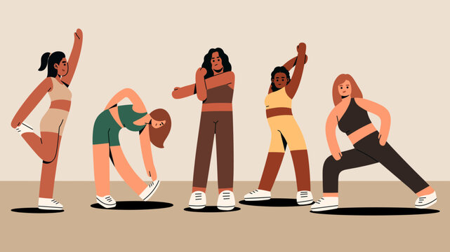 Modern flat vector illustration of diverse women performing stretching and warm-up exercises. Trendy contemporary style suitable for web banners, landing pages, posters, and editorial use.