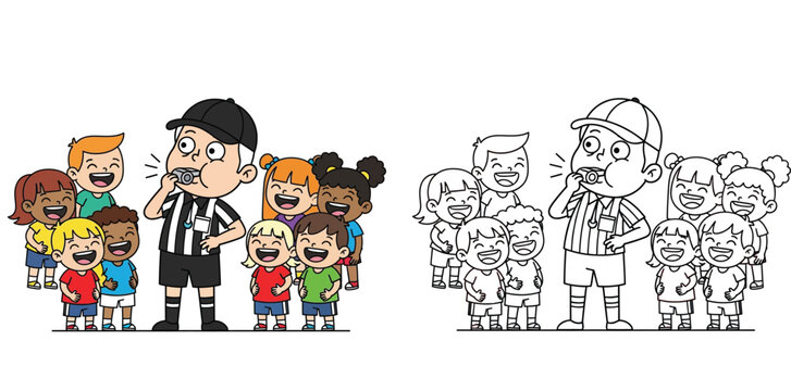 Sports referee blowing whistle with diverse happy kids coloring page vector