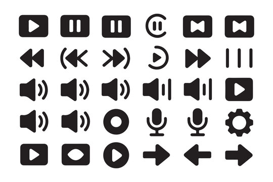 Modern black icons for media control and playback, suitable for digital interfaces and applications