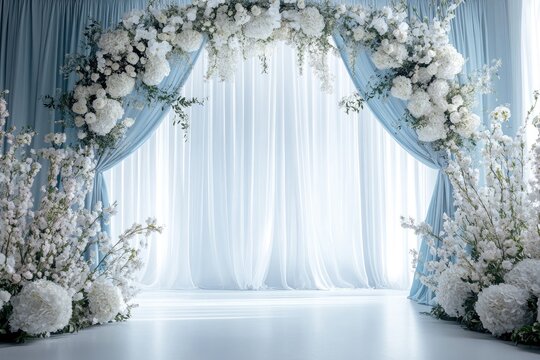 Elegant wedding arch adorned with white flowers and pale blue drapes