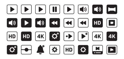 Set of multimedia interface icons with rounded squares, video player buttons for web design, apps, games