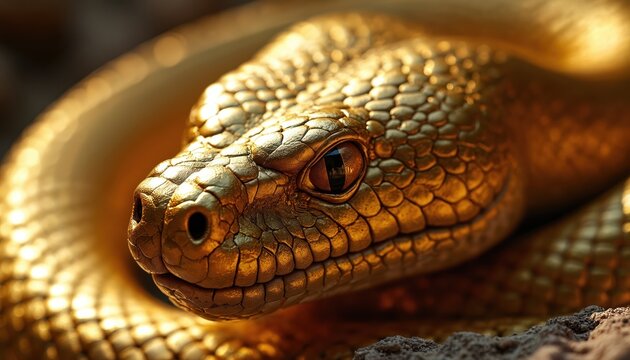 Close-up side view of a coiled golden snake head. Intricate scales shimmer with reflected light, showing its reptilian eye and textured skin. The serpent appears majestic powerful and luxurious.