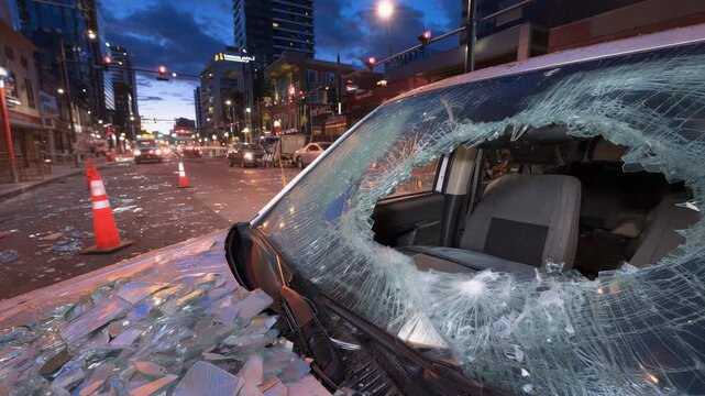 A car with a shattered windshield sits on a city street at night with broken glass scattered around and traffic cones visible