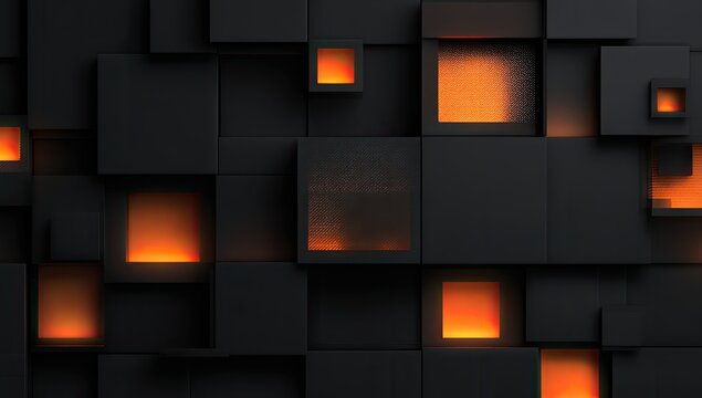 A geometric pattern with dark cubes and illuminated orange squares