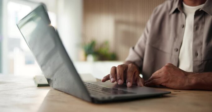 Online, scroll and hands with laptop, office and research for ad campaign on website and copywriting. Creative, employee and person with tech for article, email marketing and browsing for project
