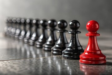 A row of glossy black chess pawns lined up on a reflective surface, with a single red pawn standing prominently in front. The striking contrast highlights themes of individuality, leadership.