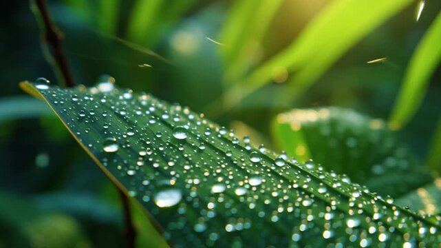Macro Dew Drops on Green Leaf Isolated on Green Screen Background Slow Motion