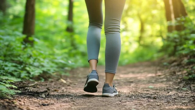 A woman walks wearing sneakers on a dirt path in a forest with trees and sunlight filtering through the leaves during the day