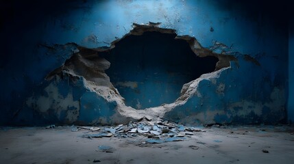 Damaged wall with a large hole and debris on the floor